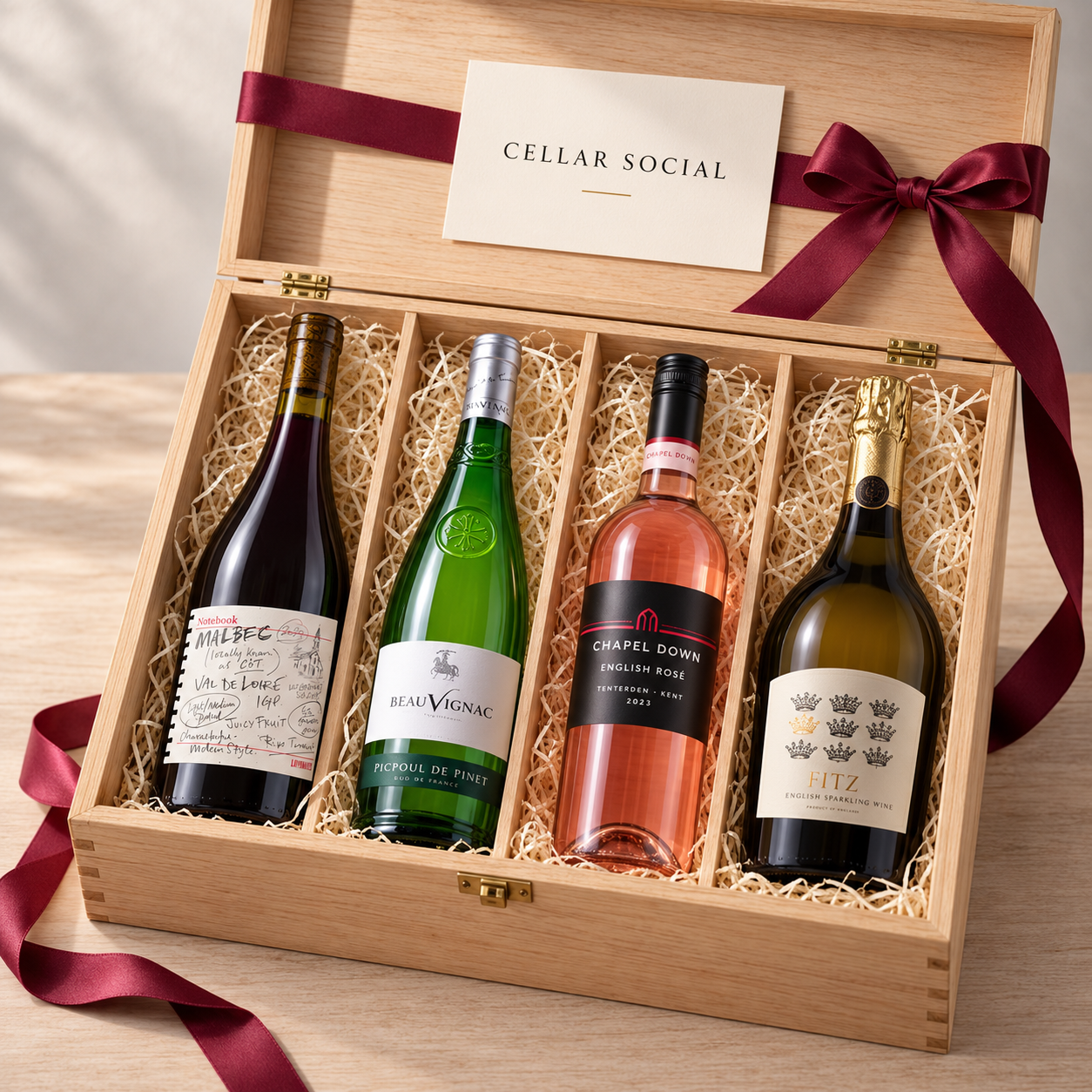Four-bottle Cellar Social hamper with red, white, rosé and sparkling wine