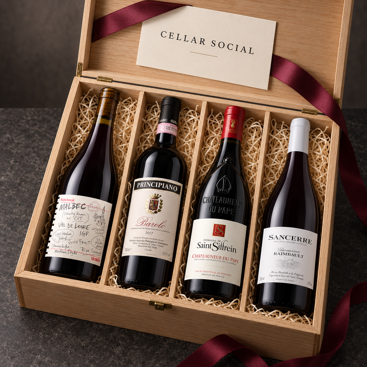 Four red wines in a wooden Cellar Social hamper