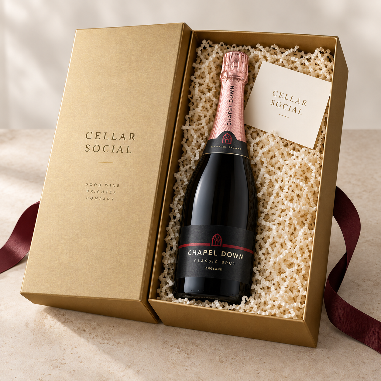 Single bottle of Chapel Down in a gold Cellar Social gift box