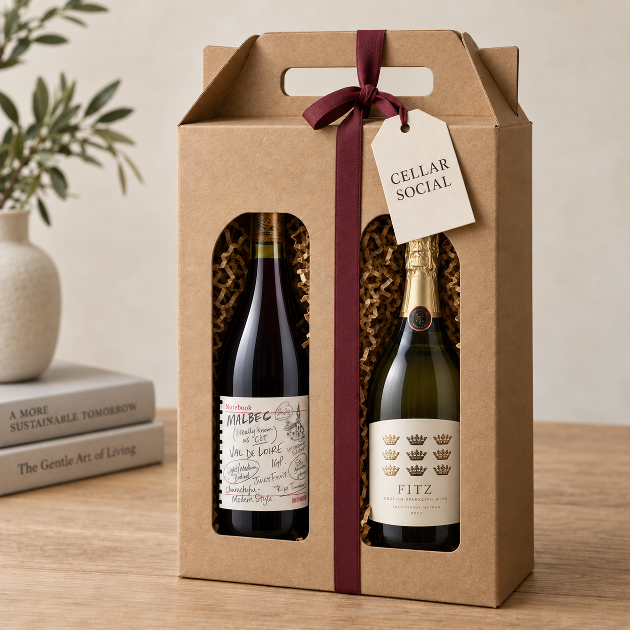 Two Cellar Social wines in a kraft gift box